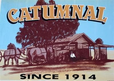 The CATUMNAL sign at the main gate (with incorrect date). Image taken from a photograph of Bert and his horses at the first home he made at Catumnal. This tree still remains north of the present homestead.